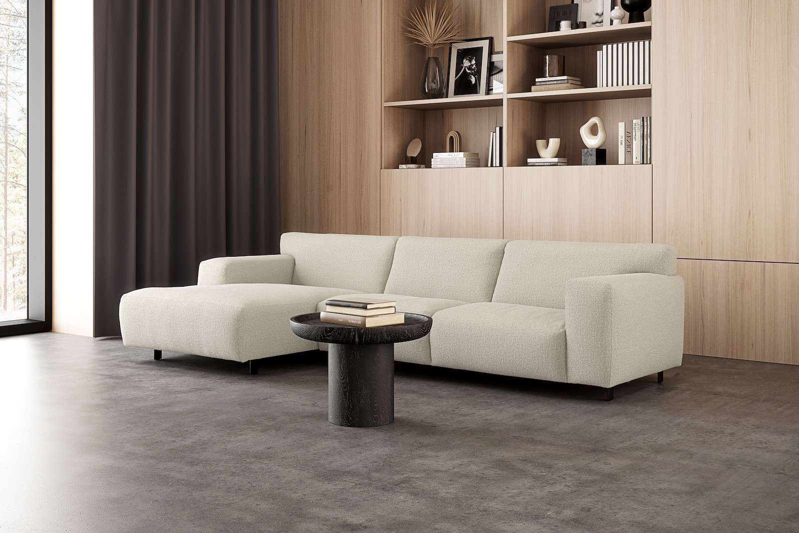 Vesta 2,5-seter med sjeselong venstre I Tekstil Marsel Beige, standardsøm, sort metallben 10 cm, Comfort CM