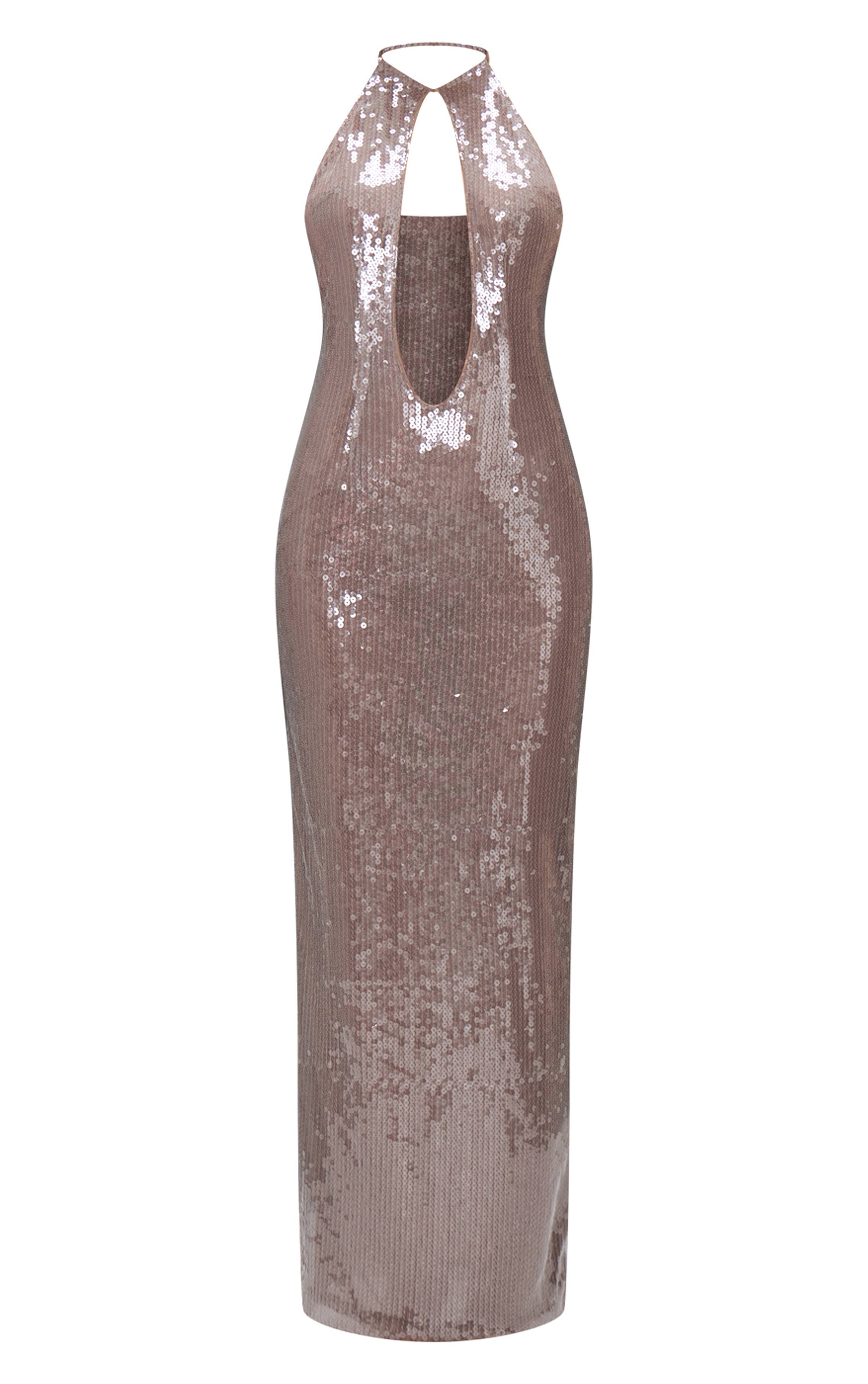 Light Nude Robe Maxi Plongeante À Col Montant Et Sequins