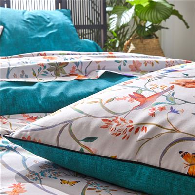 Linge de lit percale imprimé fleurs et oiseaux - BECQUET CRÉATION