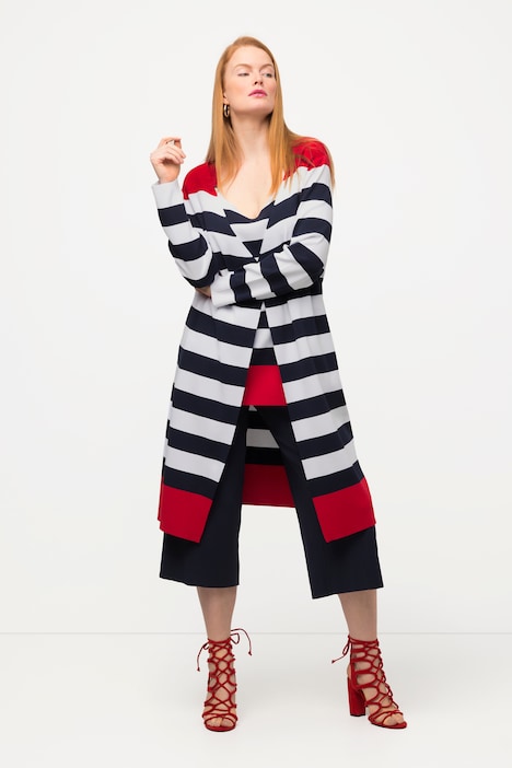 Long-Strickjacke, Streifen, V-Ausschnitt, offene Form