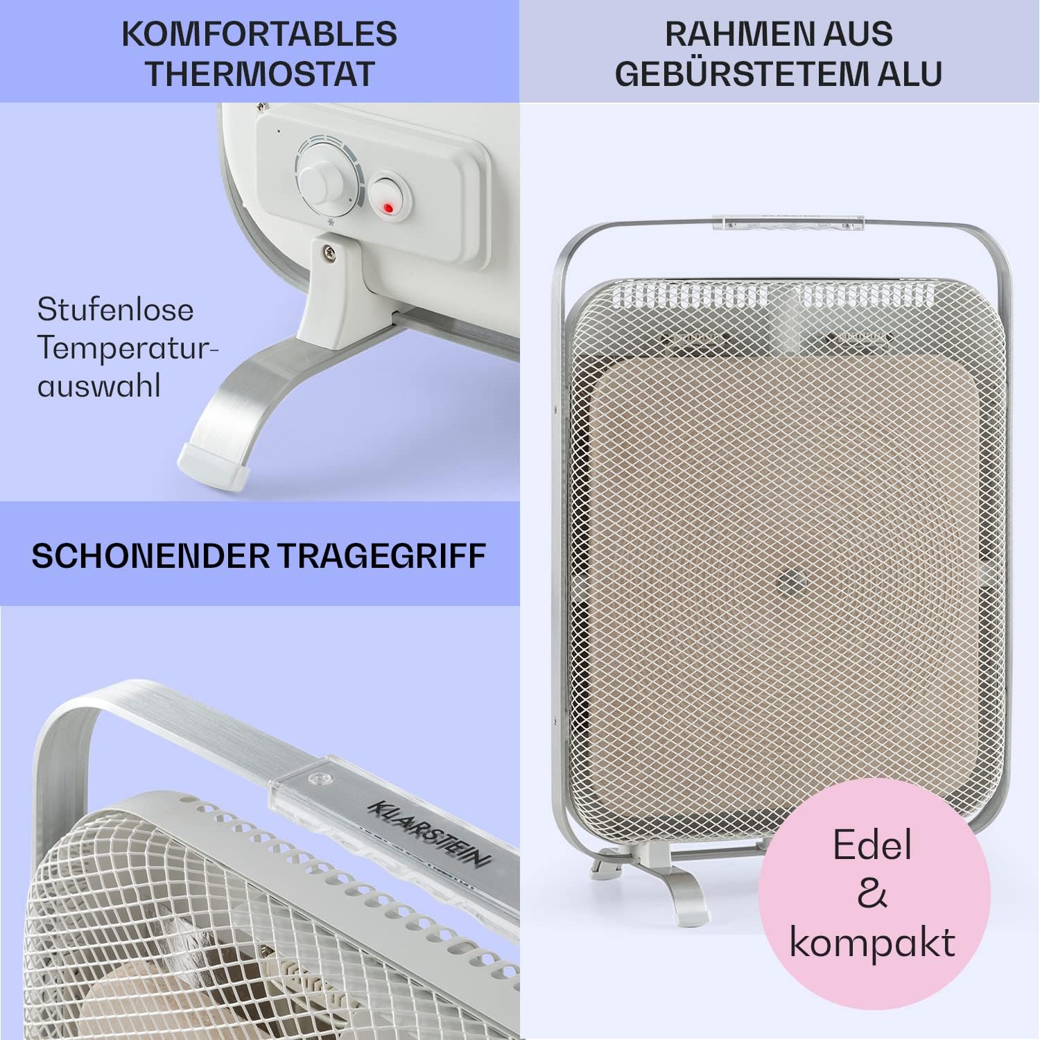 KLARSTEIN HeatPal – Elektroheizung, extra flach, Infrarotheizung, Heizpanel, 1300 W, bis zu 30 m², Wärmespeicherung, Marmorplatte – gebürstetes Aluminium