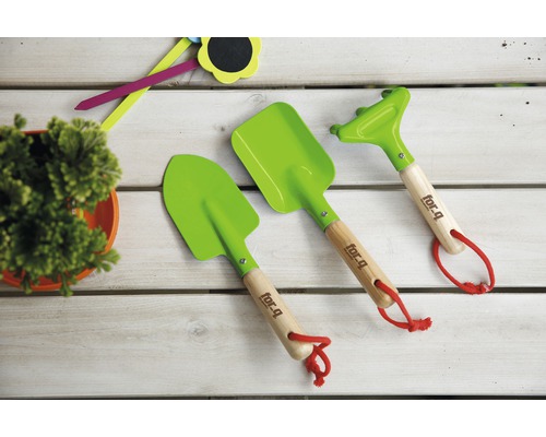 Kindertuingereedschap voor_q, set met schep, spade en hark