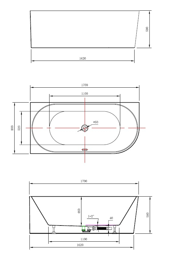SaniGoods vrijstaand hoekbad glans wit 170x80cm links