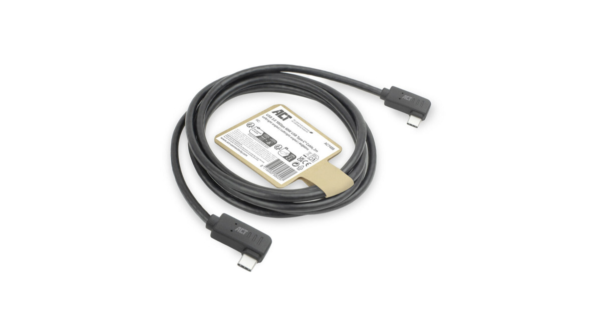 ACT ConnectivityUSB 3.2 USB-C (links/rechts haaks) naar USB-C (links/rechts haaks) kabel  (Zwart, 10 Gbit/s, 60W, 2 meter)