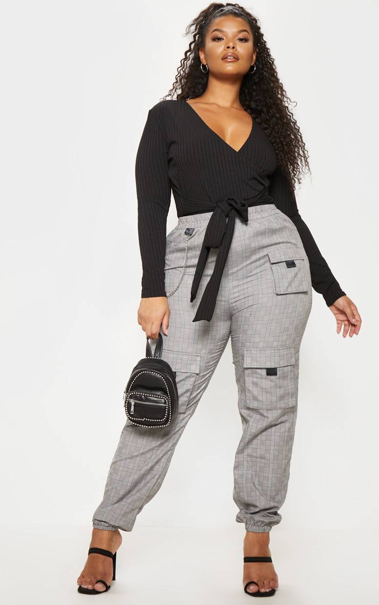 Noir Body Grande Taille Côtelé Avec Nœud À La Taille