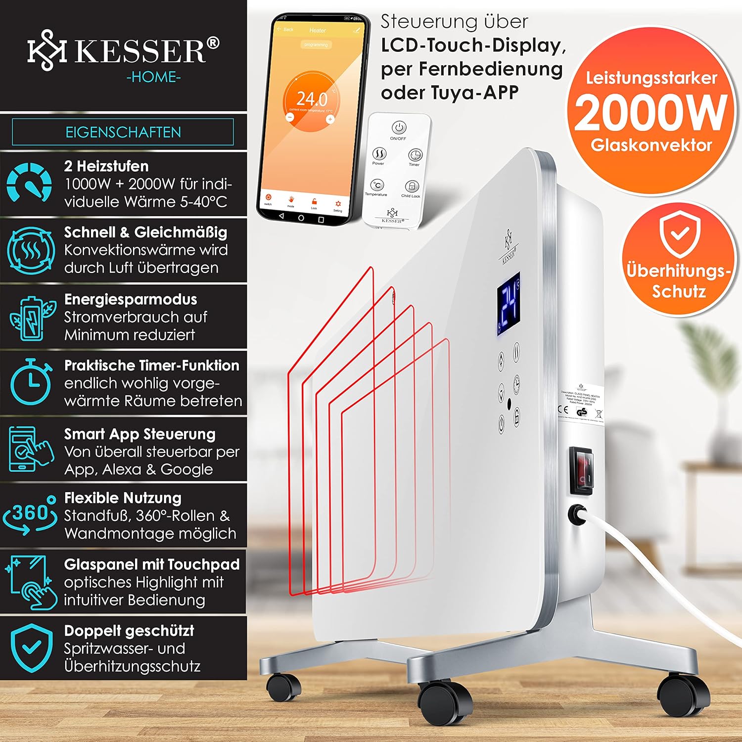 KESSER® Elektro Glasheizung Glaskonvektor Elektroheizung Heizung Heizkörper ✓ Touchscreen ✓ APP WiFi Funktion Inkl. Fernbedienung ✓ LCD-Display ✓ Timer | Stand- oder Wandgerät | 2000 Watt | Weiß