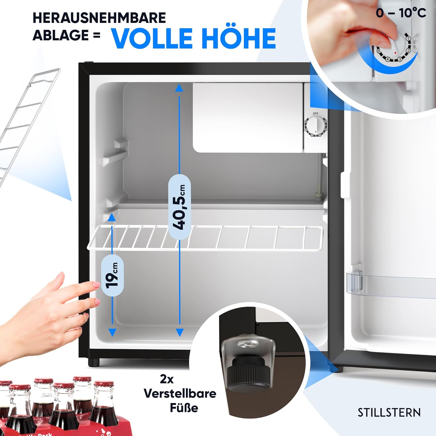 Stillstern Mini Kühlschrank E 45L mit Abtauautomatik, Schloss, Frostfach, Leise, Ideal für Küche, Büro, Schlafzimmer, Hotels und kleine Wohnungen Kühlschrank klein Minibar R600A Getränkekühlschrank
