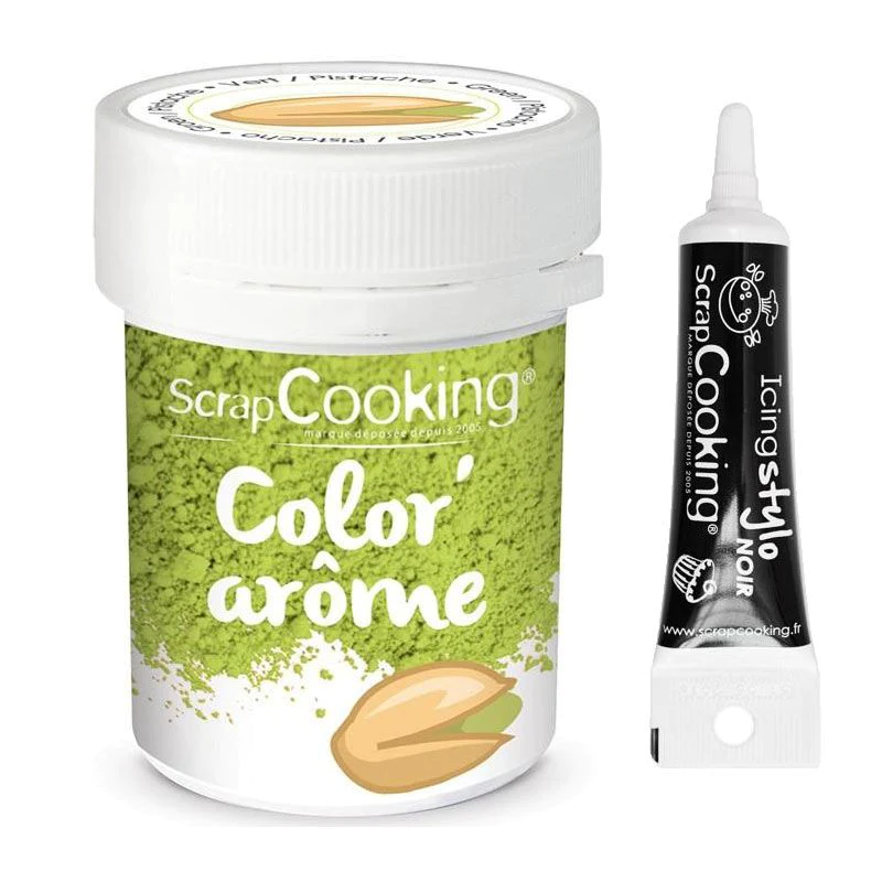 Colorant alimentaire vert arôme pistache 10 g + Stylo glaçage noir Scr
