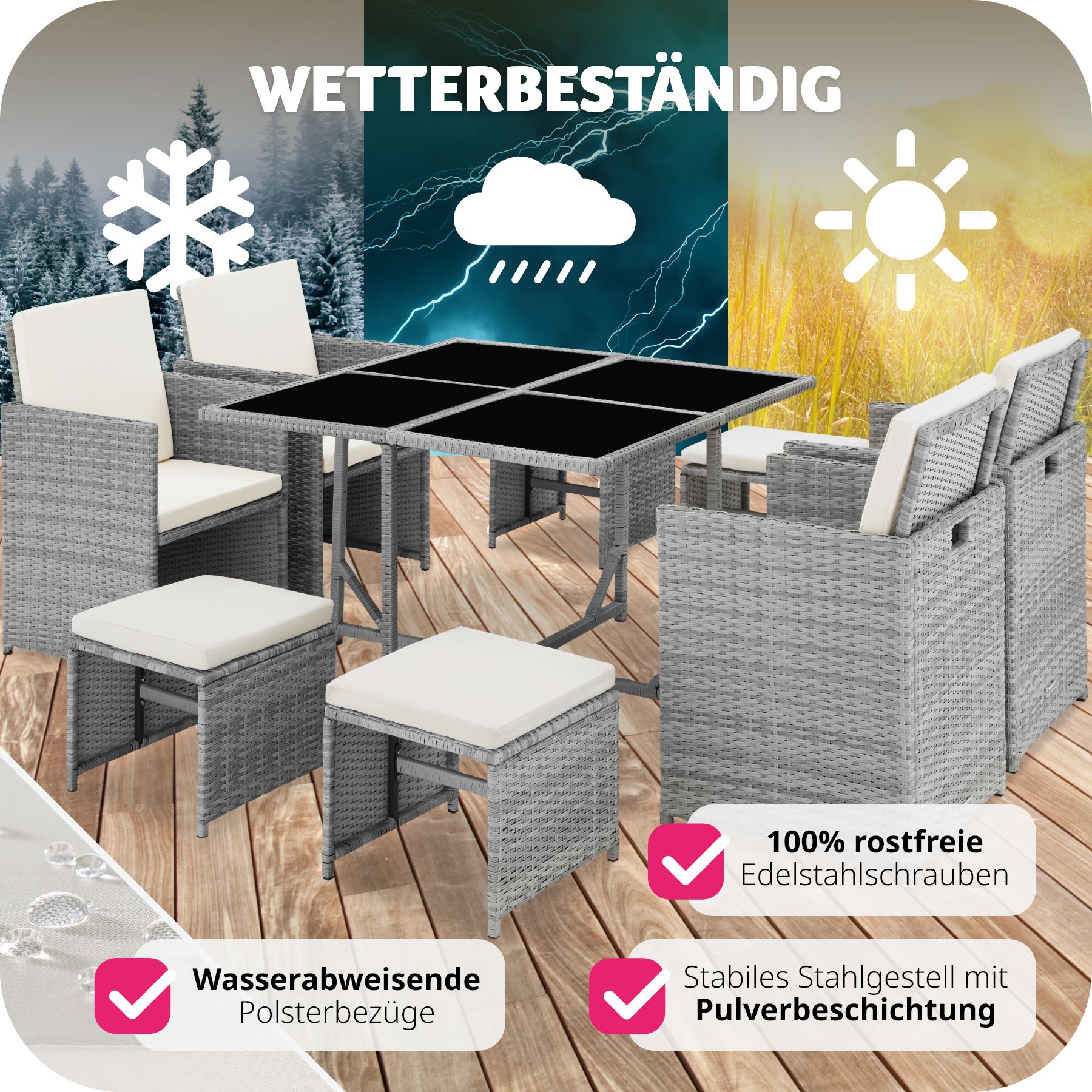 tectake® Rattan Sitzgruppe, für 4 bis 8 Personen, UV-beständig, zusammenschiebbar, inklusive Schutzhülle