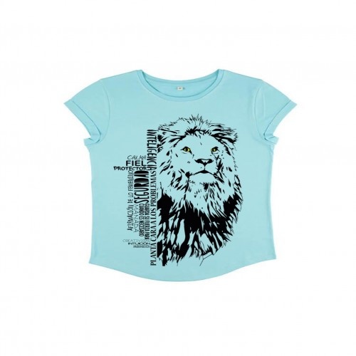 Camiseta feminina de manga curta com estampa de leão turquesa, em algodão orgânico.