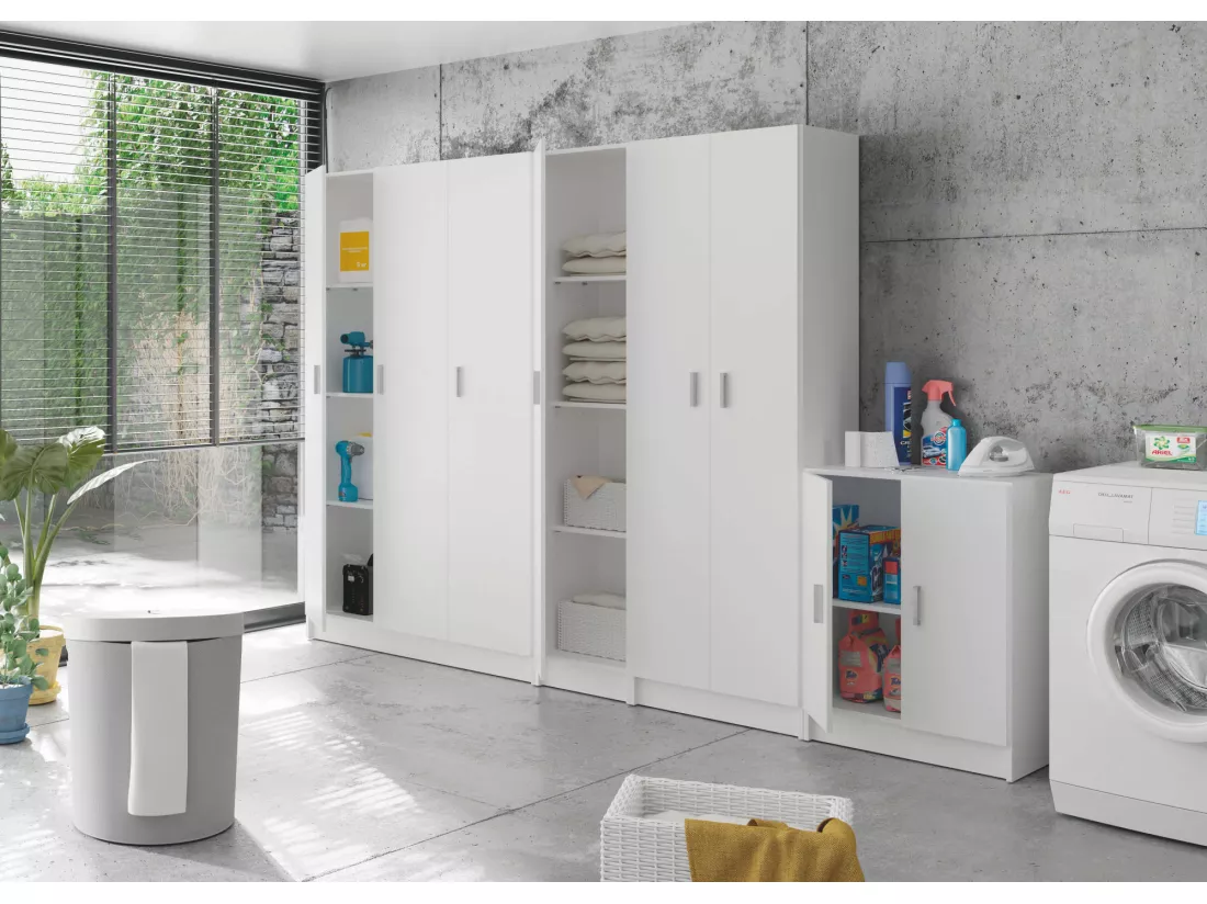 Armoire polyvalente Dhot, Armoire auxiliaire basse avec 2 portes, Étagère à chaussures avec 1 étagère, Armoire multifonctionnelle, 59x37h80 cm, Blanc