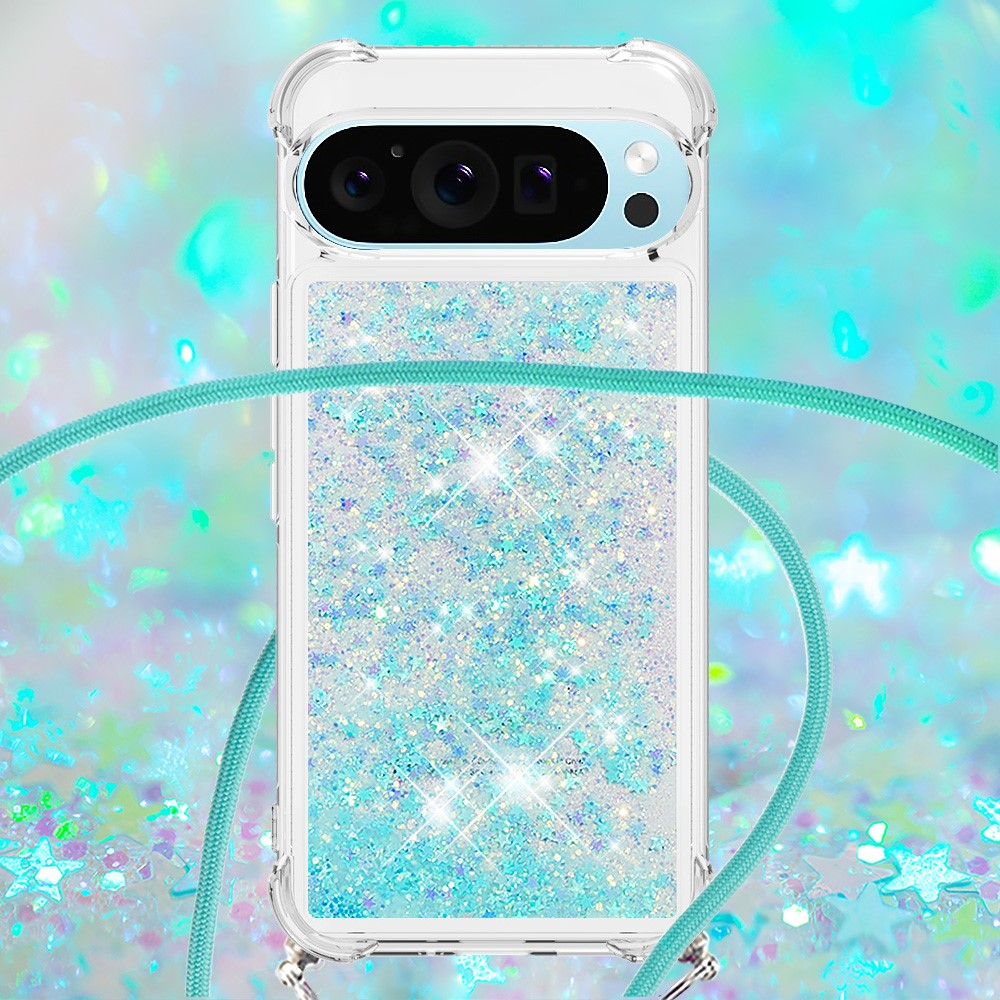 Google Pixel 9 / Pixel 9 Pro Necklace Gummi Hülle Liquid Glitzer   Handykette (130cm) - Hellblau