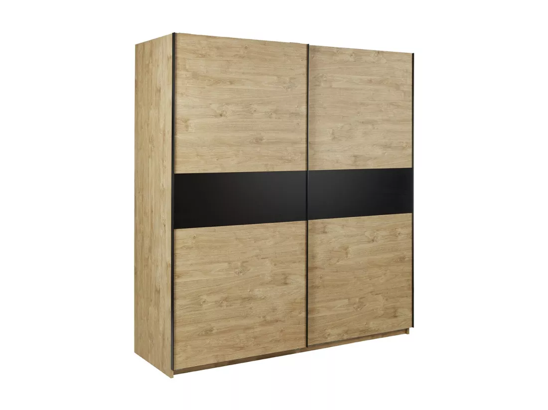 Chambre à coucher collection MORGANE : armoire 200 cm, lit avec applique 140x200, commode, chevets, chêne doré et noir
