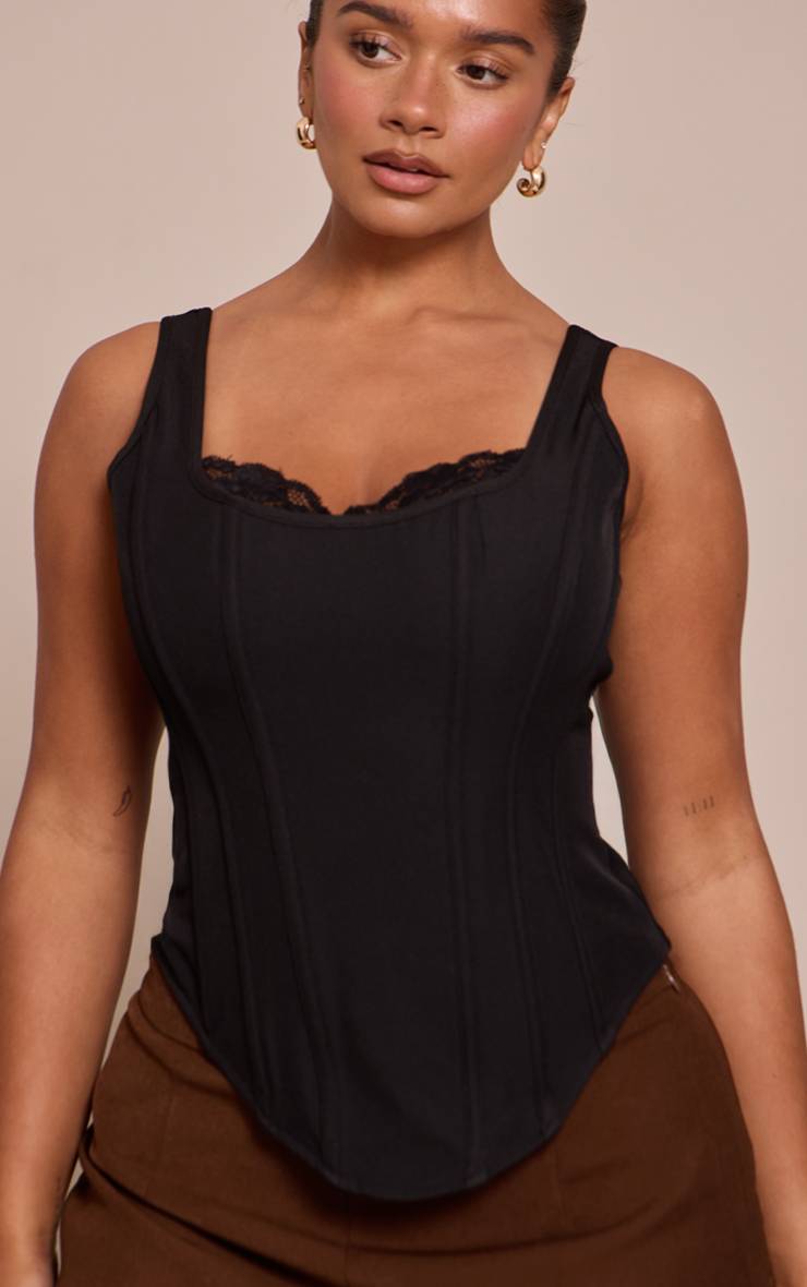 Noir Top Corset Long À Encolure Carrée Et Finitions En Dentelle Shape