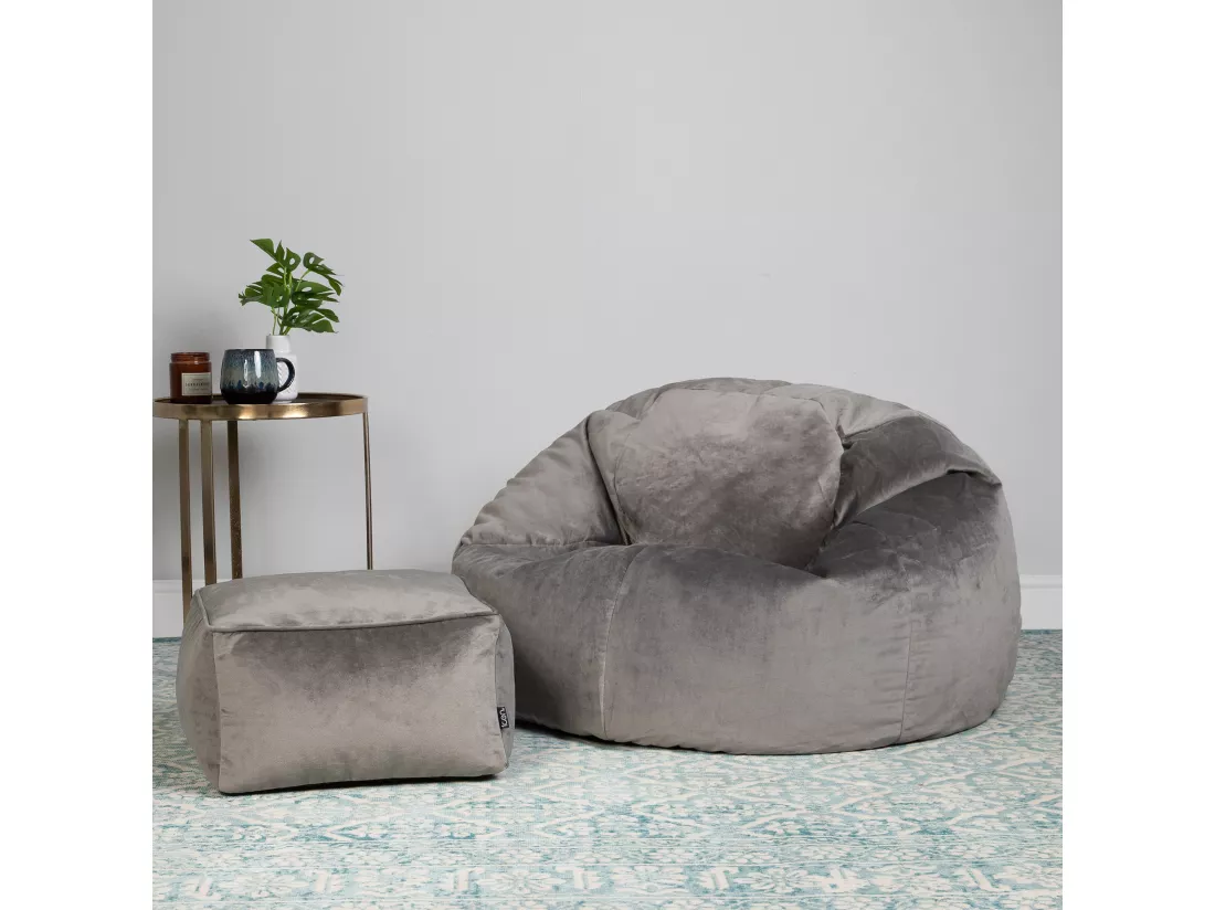 Pouf classique et son repose-pied velours gris anthracite - AURORA