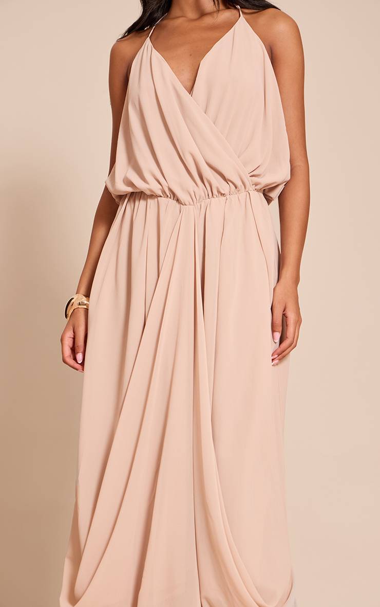 Beige Robe Longue Fluide En Mousseline De Soie Avec Col En V Drapé Pour Grande Taille