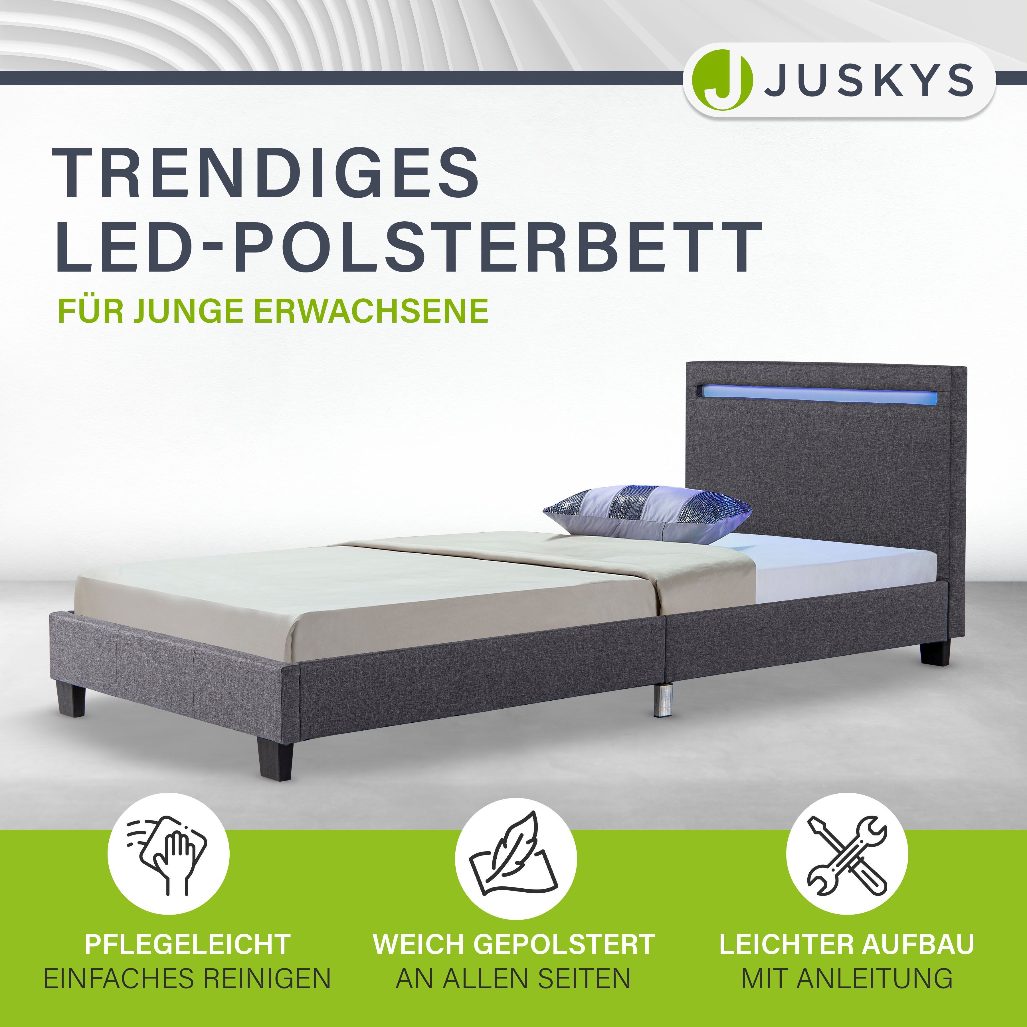 Juskys Polsterbett Verona 90x200 cm grau mit Matratze – Einzelbett + LED-Beleuchtung & Lattenrost