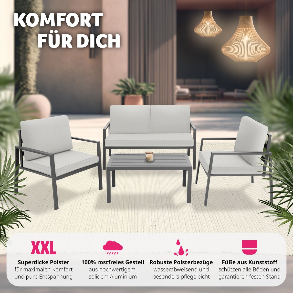 tectake Göteborg zitgroep met aluminium frame, voor 4 personen, tafel met lattenbodem
