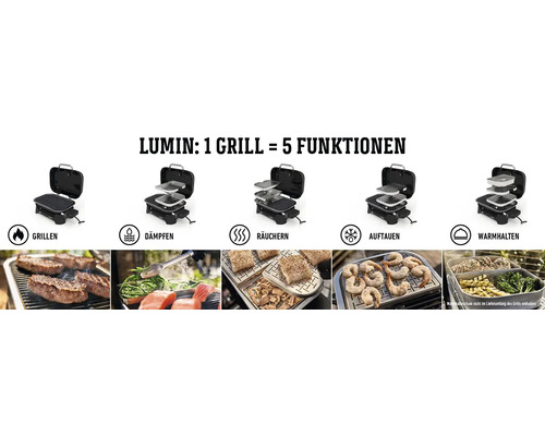 Weber Lumin Compact 2200 W elektrische grill, zwart, inclusief dekselthermometer, vetopvangbak, grillrooster en netsnoer.