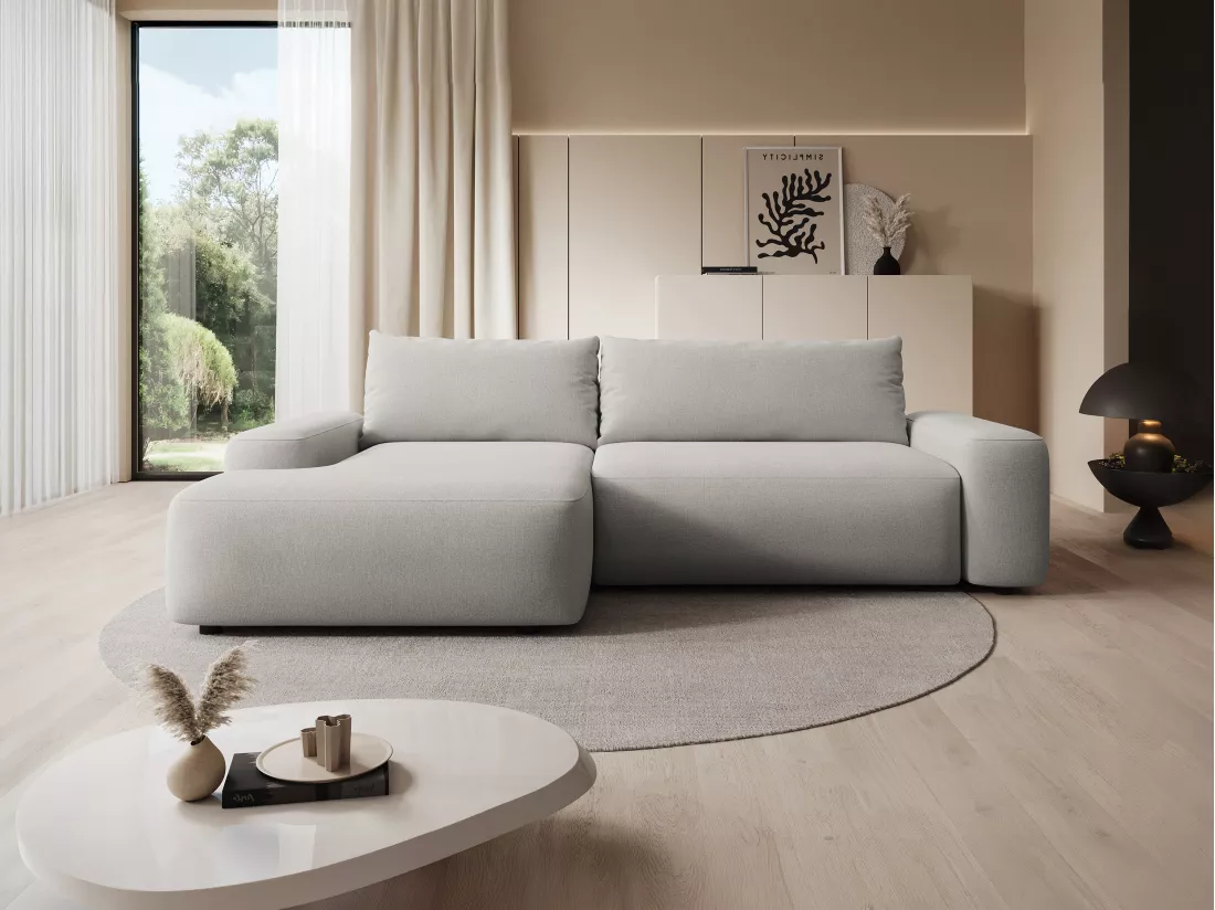 Canapé d'angle gauche convertible en tissu texturé gris clair DAVISO