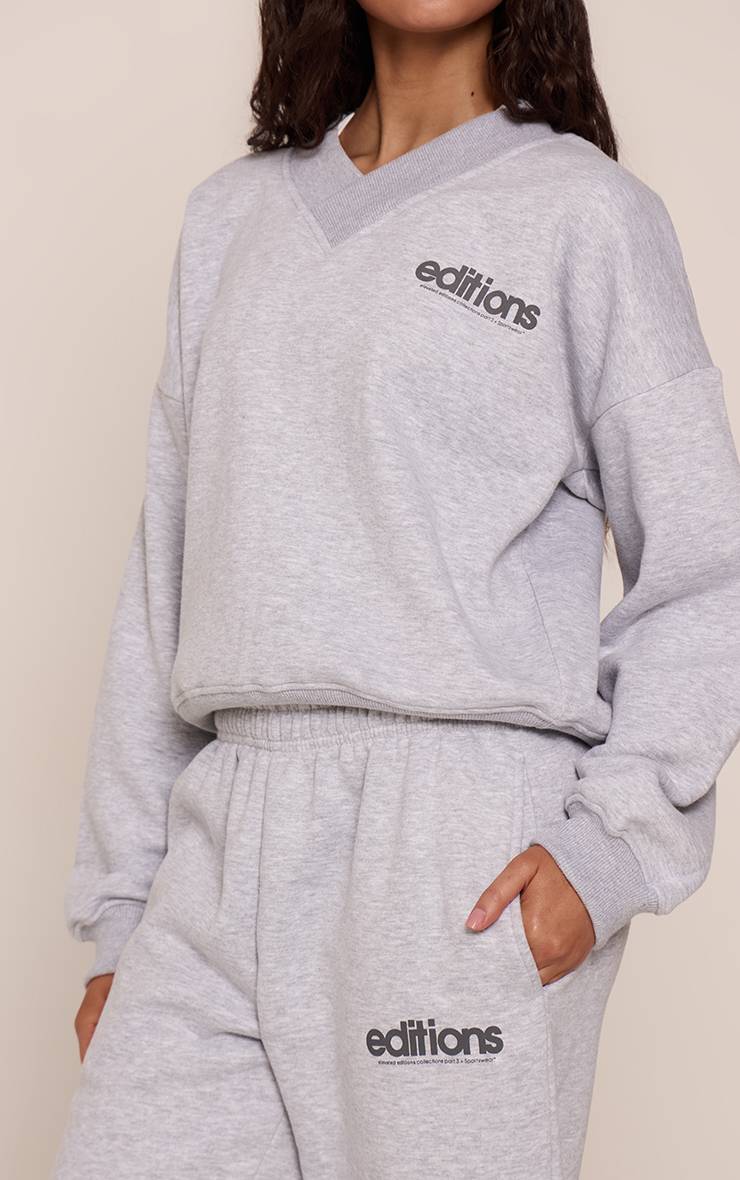 Gris Chiné Sweat-shirt Gris Chiné À Imprimé Editions Col V Épaules Dénudées