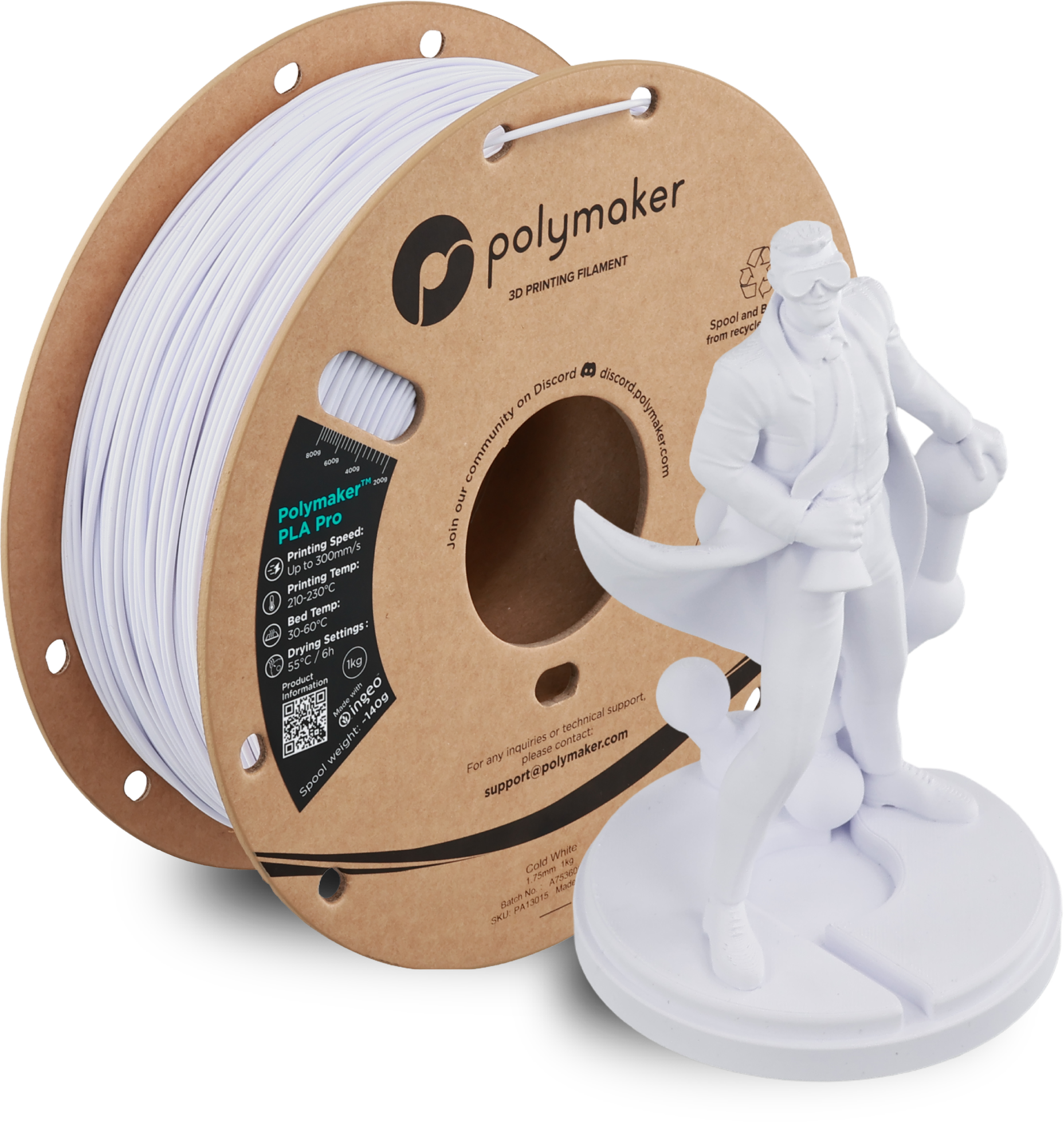Polymaker  PLA Pro Cold White, 1,75 mm / 1000 g    Neue, verbesserte Formulierung: Hochleistungs-High Speed-PLA in Cold White