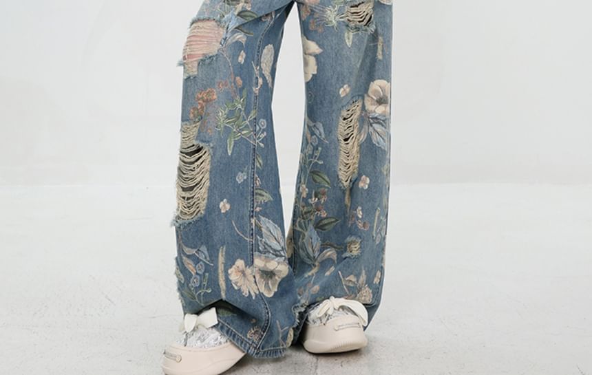 rinkoplan - Wijde jeans met wijde pijpen en versleten bloemenprint in middelhoge taille