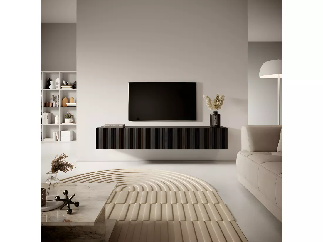 Meuble TV noir de 175 cm avec façade fraisée VELDIO