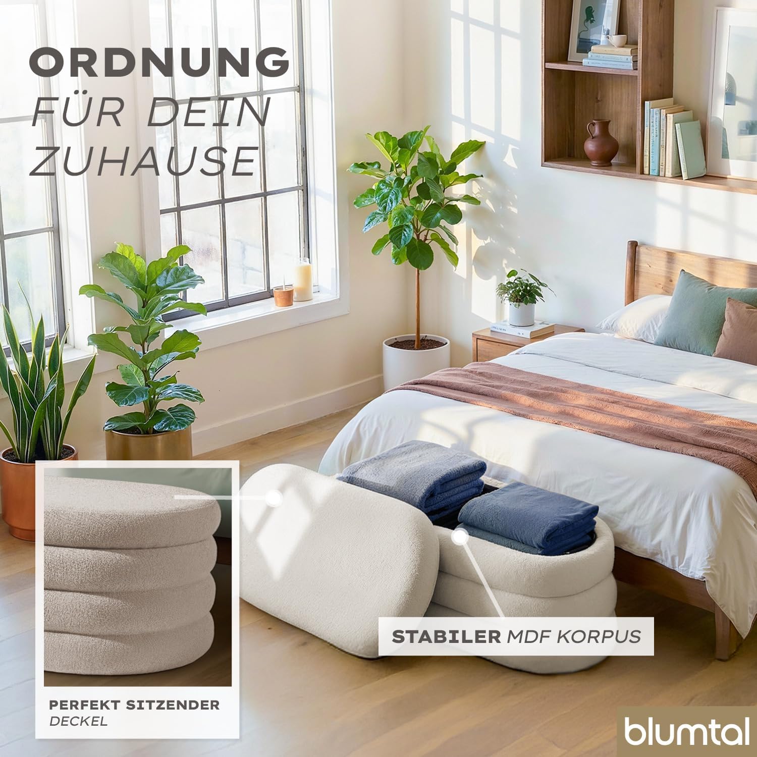 Blumtal Sitzbank mit Stauraum XL oval, Bouclé-Bezug - robuste Truhenbank mit Stauraum & Bouclé-Stoff-Bezug 110 x 45 x 42.5 cm - Truhe mit Stauraum - Schuhbank mit Sitzfläche - Pouf Hocker Creme