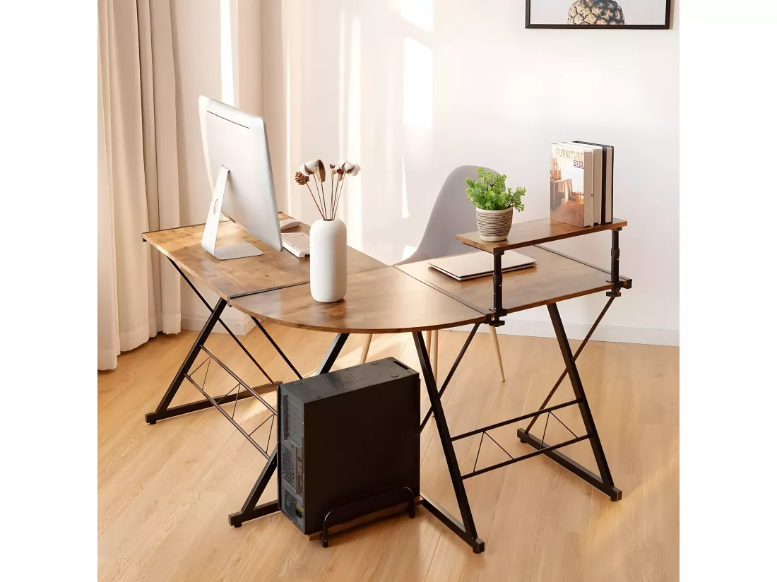 Bureau/Table Informatique,Bureau/Table d’Angle Ordinateur Coin en Bois et Métal avec 6 Pieds Réglables 168 x 125 x 74CM