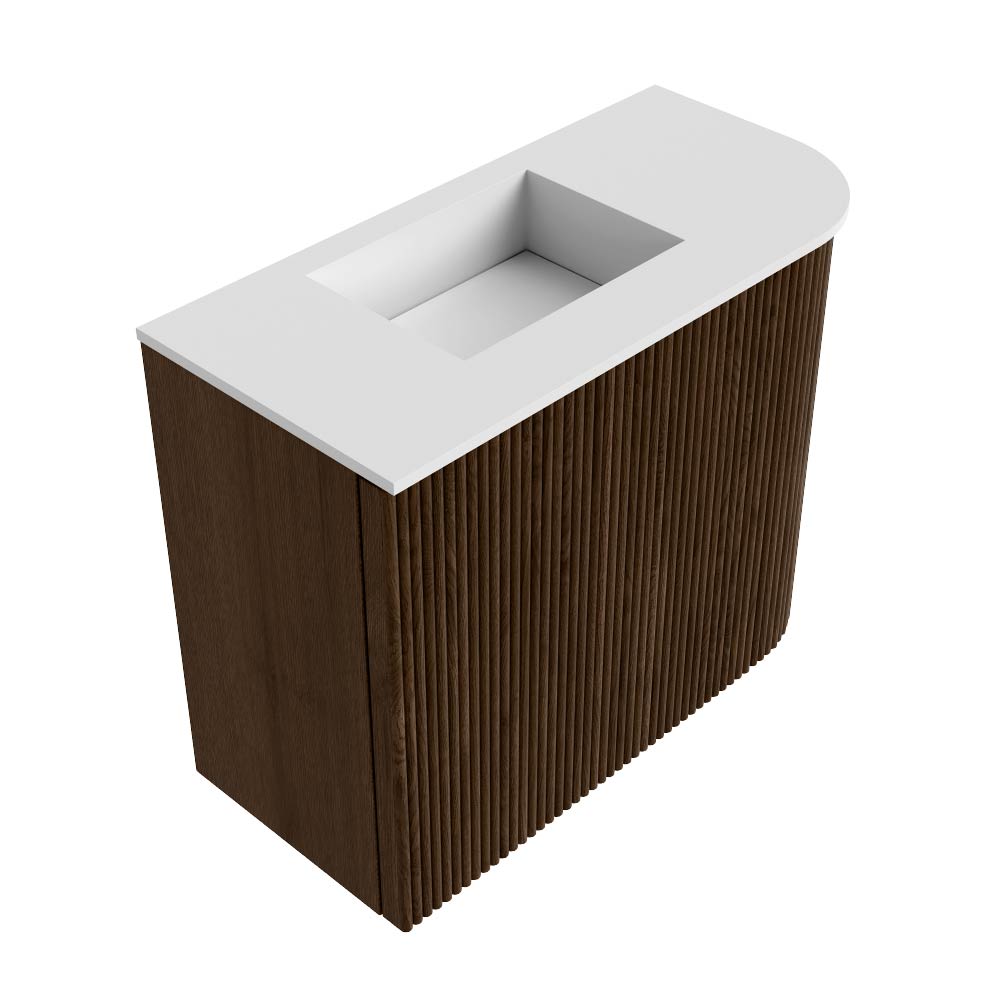 Mondiaz Joya 50cm toiletmeubel ronding rechts walnut met wastafel faye links 1 kraangat talc