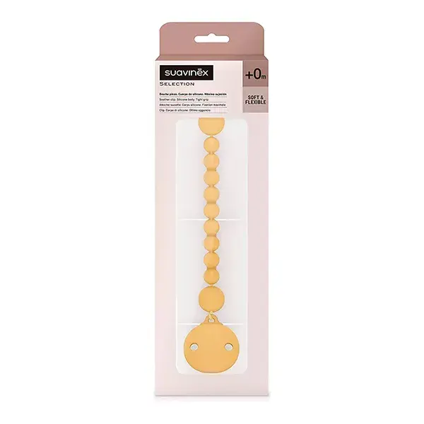 Prendedor de chupeta de silicone Suavinex, cor mostarda.