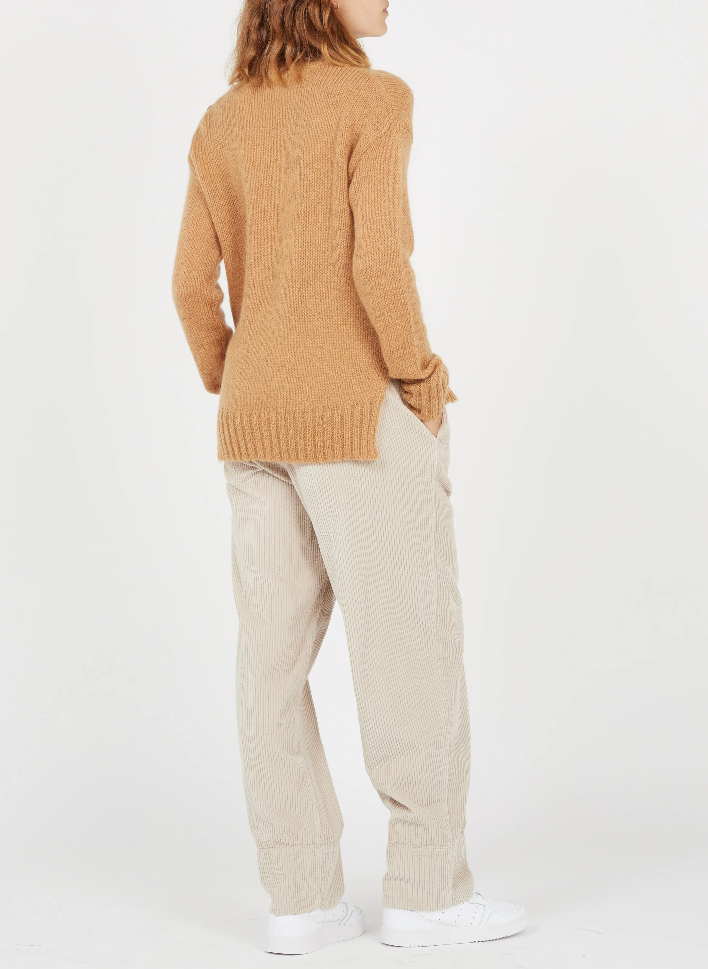 PADOW - Pantalon large taille haute en velours côtelé | Beige