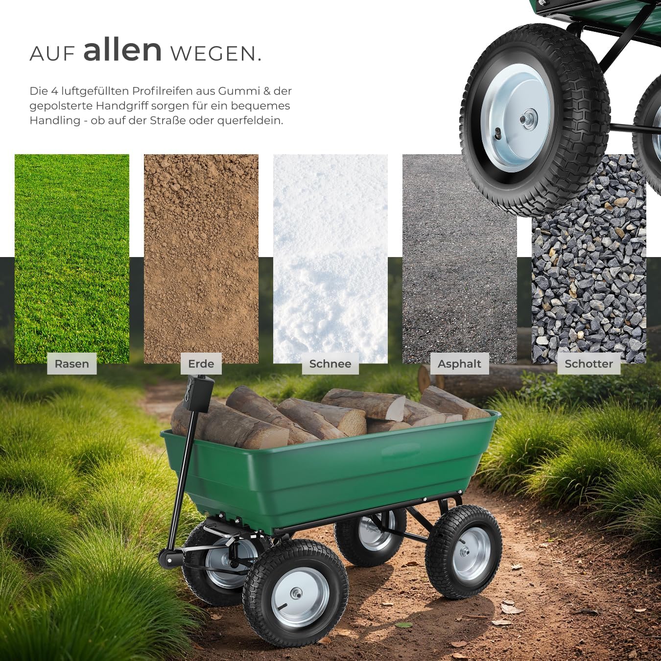 tectake® Bollerwagen, Handwagen, Transporter mit Kippfunktion, Rollwagen mit Lenkachse, Trolley, als Einkaufswagen, Bastelwagen, Transportkarre, Gartenwagen, Einkaufstrolley - Belastbarkeit 300kg