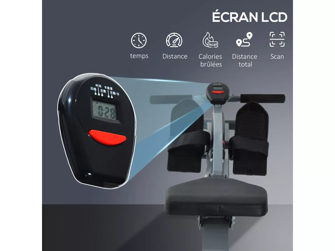 Rameur d'appartement appareil de Fitness et musculation cardio training écran LCD multifonction acier gris et noir