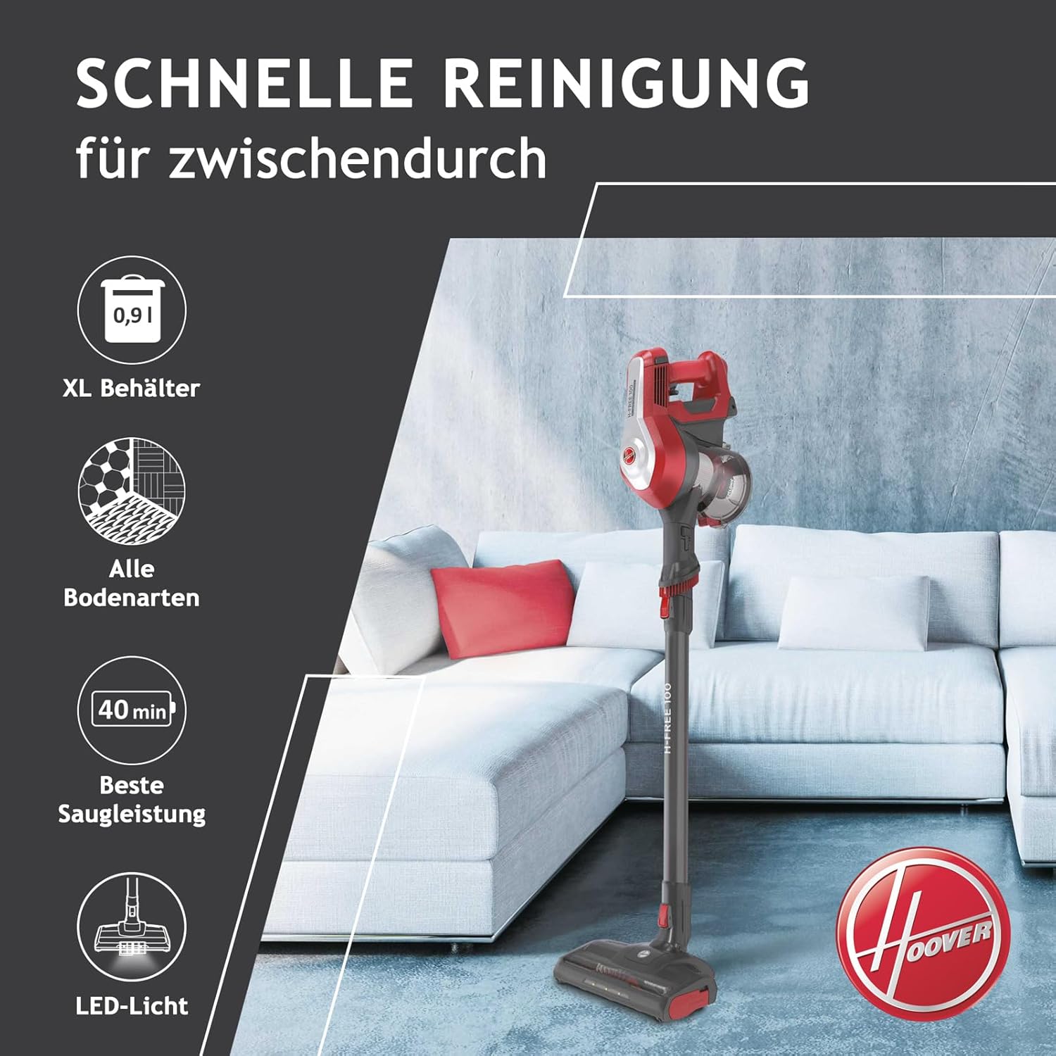 Hoover Akku-Staubsauger H-Free 100 Home ohne Beutel mit bis zu 40 Min. Laufzeit I Staubsauger kabellos mit LED-Licht, XL Staubbehälter & Parkfunktion I Akkusauger mit Fugendüse & Staubbürste