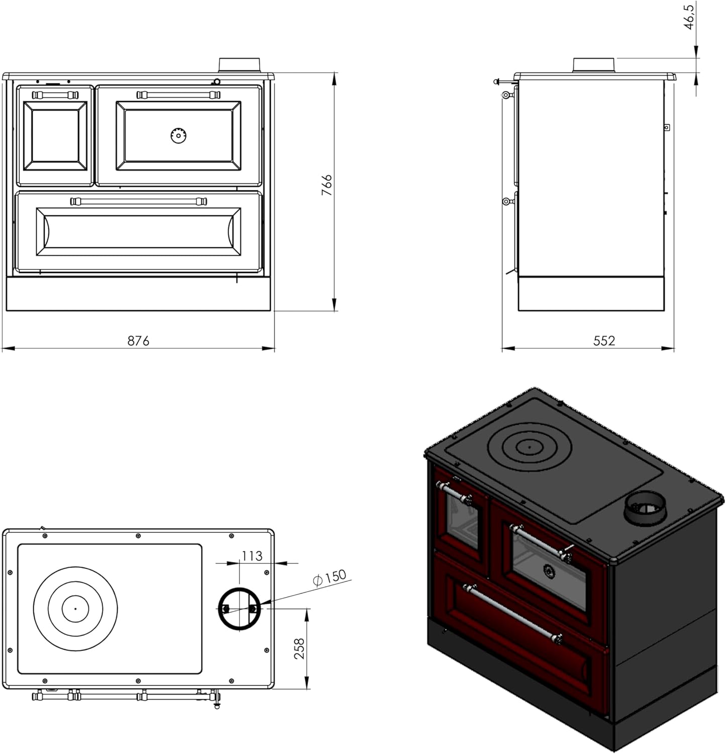 Kaminofen mit Backfach und Herdplatte 4012 Anthrazit Holzofen 8 kW Holz Ofen Mehrfachbelegung Kamin Heizofen Küchenherd