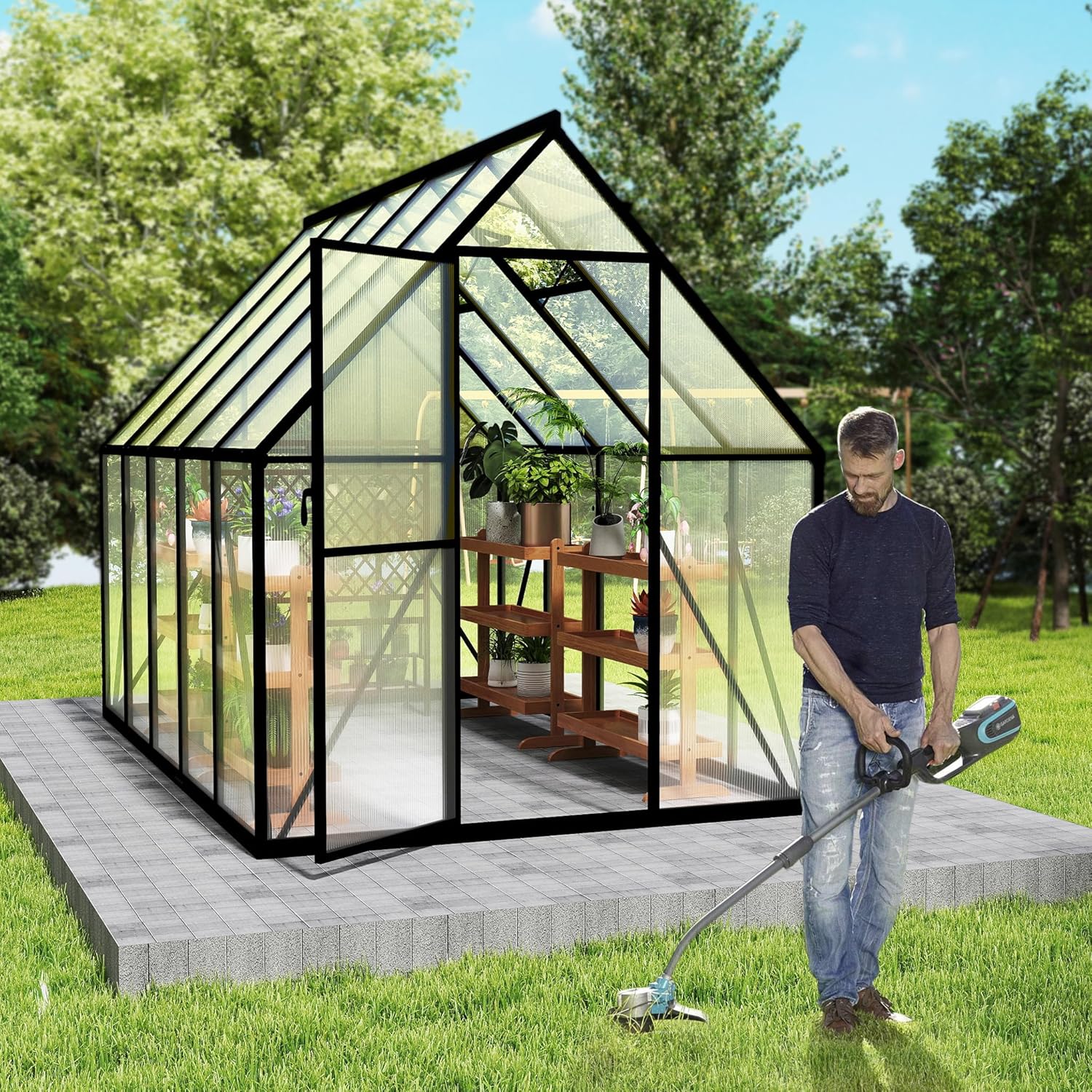 Gewächshaus Aluminium Gartengewächshäuser mit 6 cm Fundament und 4 mm PC Platte Treibhaus Tomatenhaus Gartenhaus UV beständig Wetterfest für den Garten, 280x180x195 cm