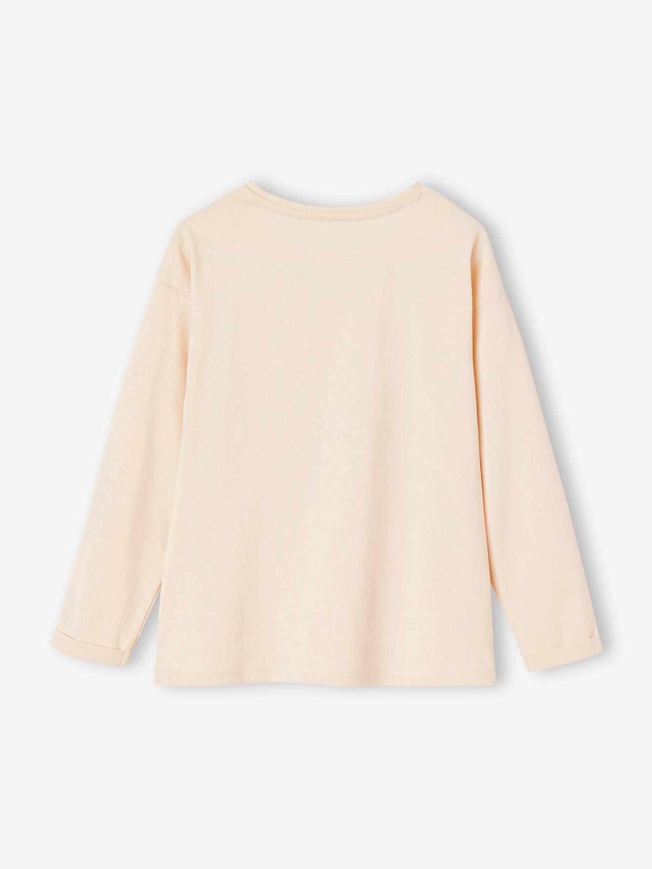 Camiseta com estampa feminina e detalhes de fantasia, camiseta infantil lisa rosa claro com estampas.