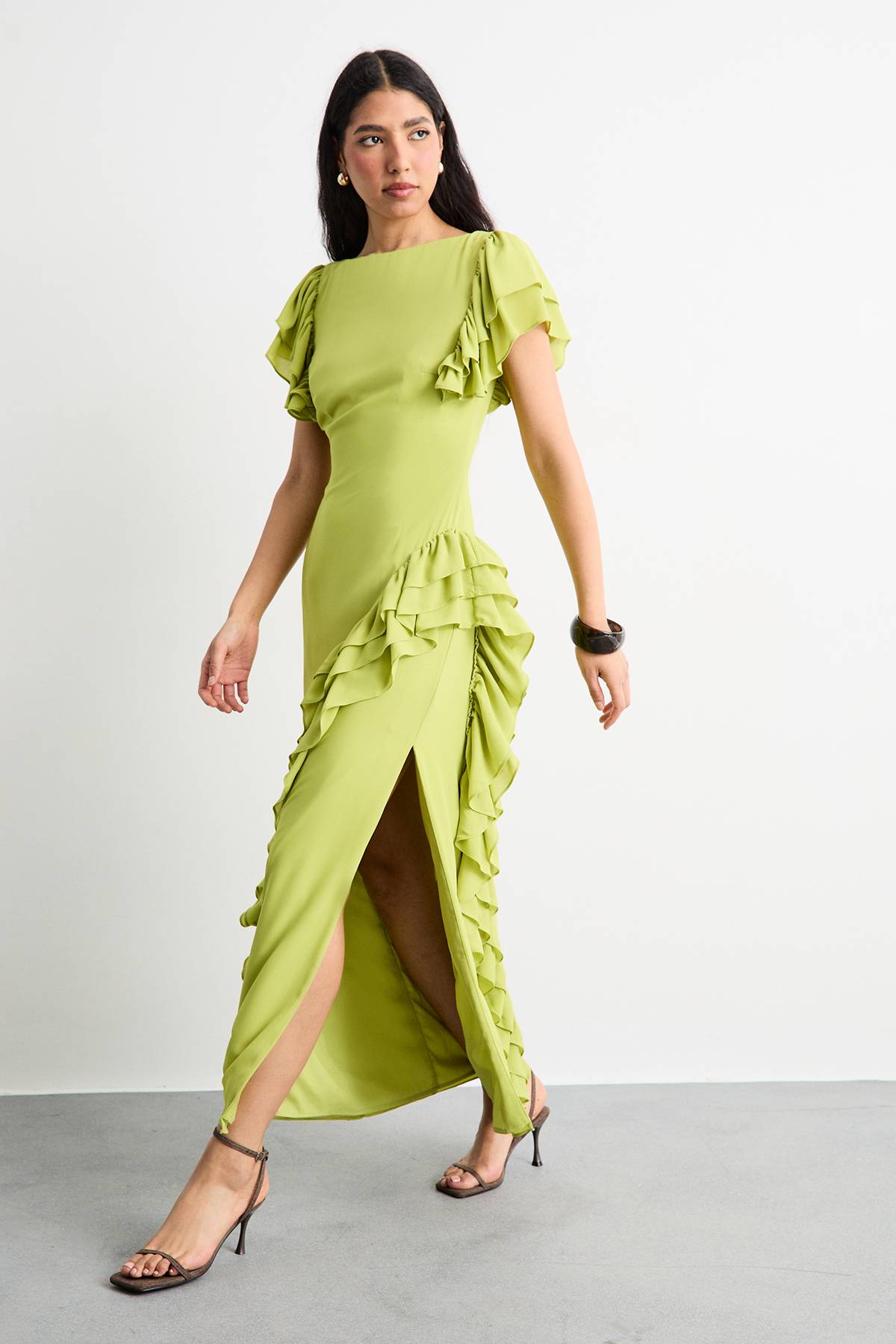 Warehouse Robe Maxi à Fente Latérale avec Détails Volantés