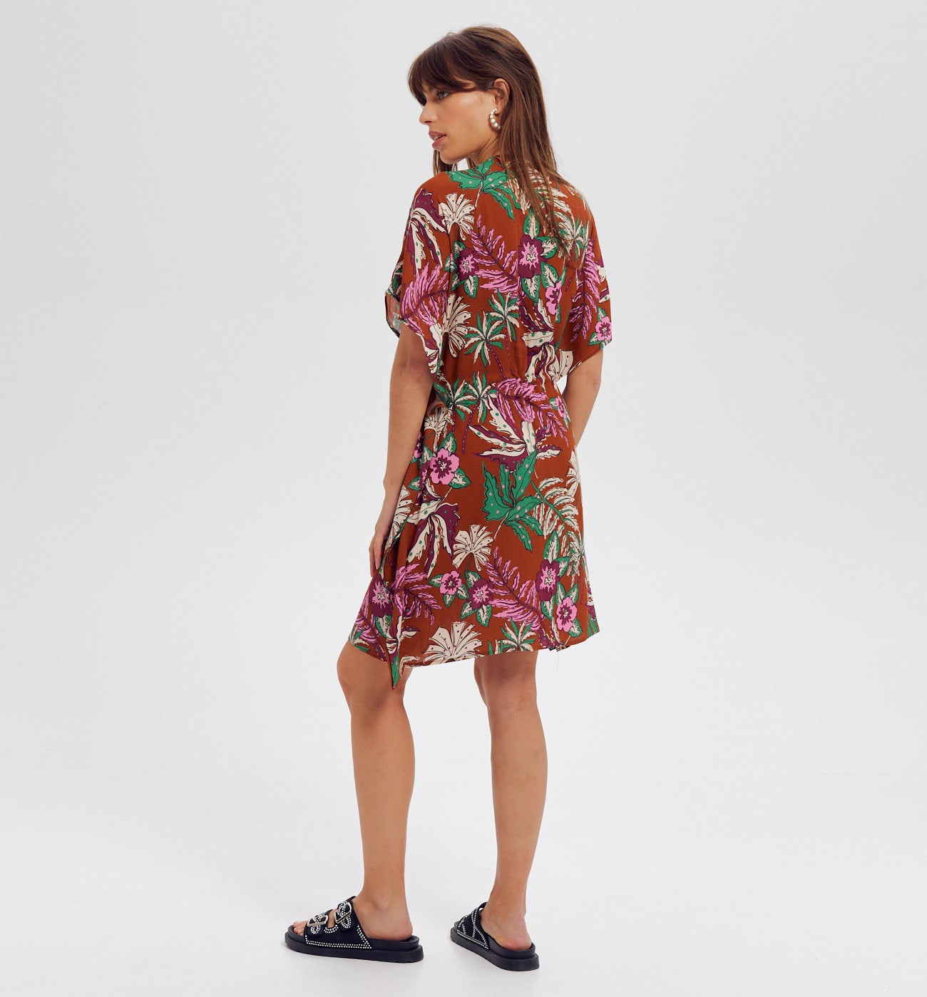 Robe caftan courte imprimée - Imprimé marron