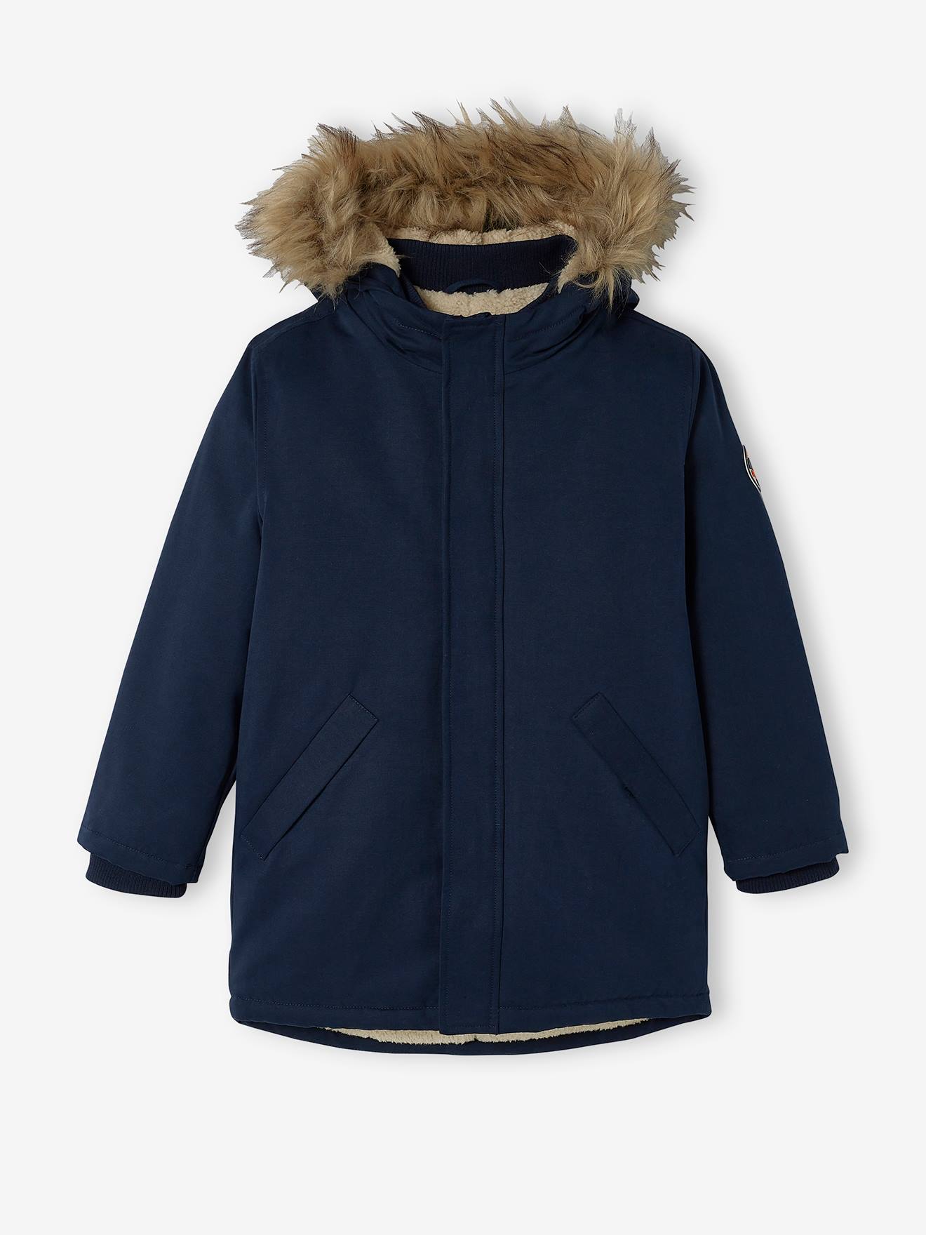 Parka com capuz e forro de sherpa, enchimento de poliéster reciclado, verde médio liso com motivos para meninos
