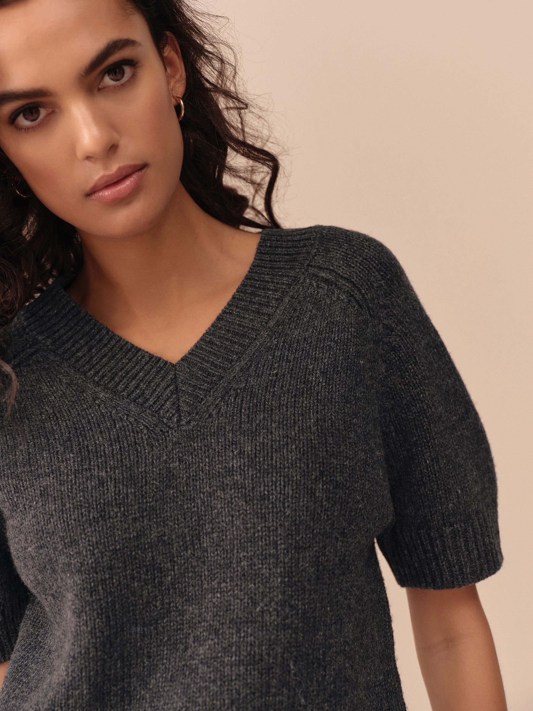 Antraciet - N.Premium 100% Merino Wool Ribbed Henley Jumper