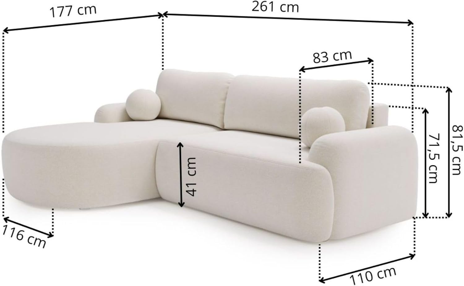 GRAINGOLD Aurio Ecksofa mit Schlaffunktion & Bettkasten 261x177 cm, L-Form Sofa mit Stauraum, Schlafcouch für Wohnzimmer, Bouclé-Stoff, 3-Sitzer Eckcouch, Modernes Design (Creme, Links)
