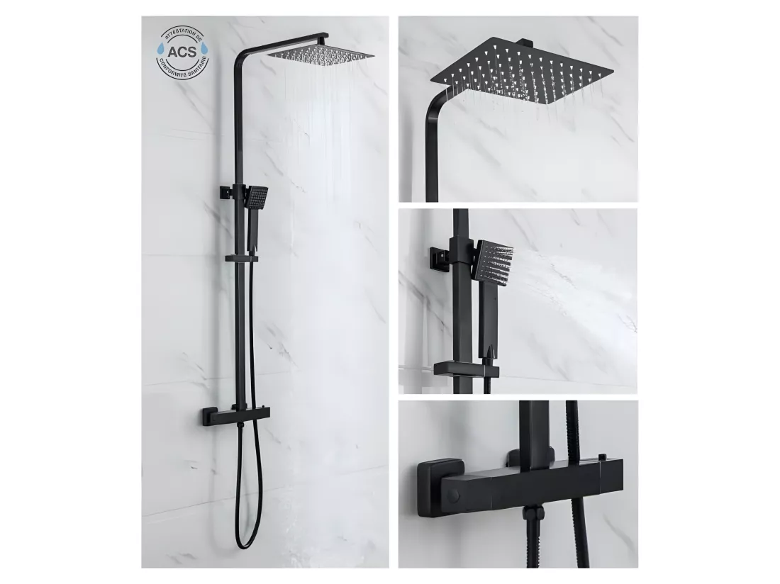 OCEANIC Colonne de douche - Mitigeur thermostatique - Pomme haute rectangle 30x20 cm - Noir mat