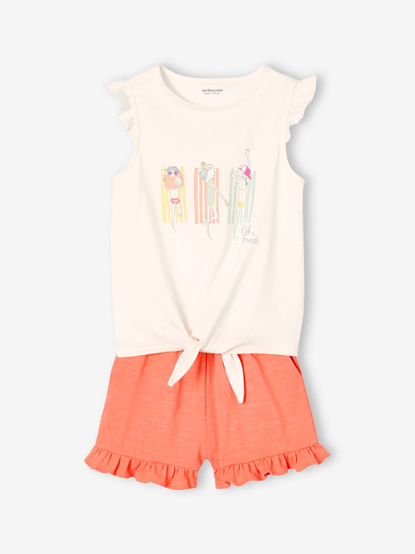 Conjunto com camiseta com detalhe de amarração e babados e shorts coral.