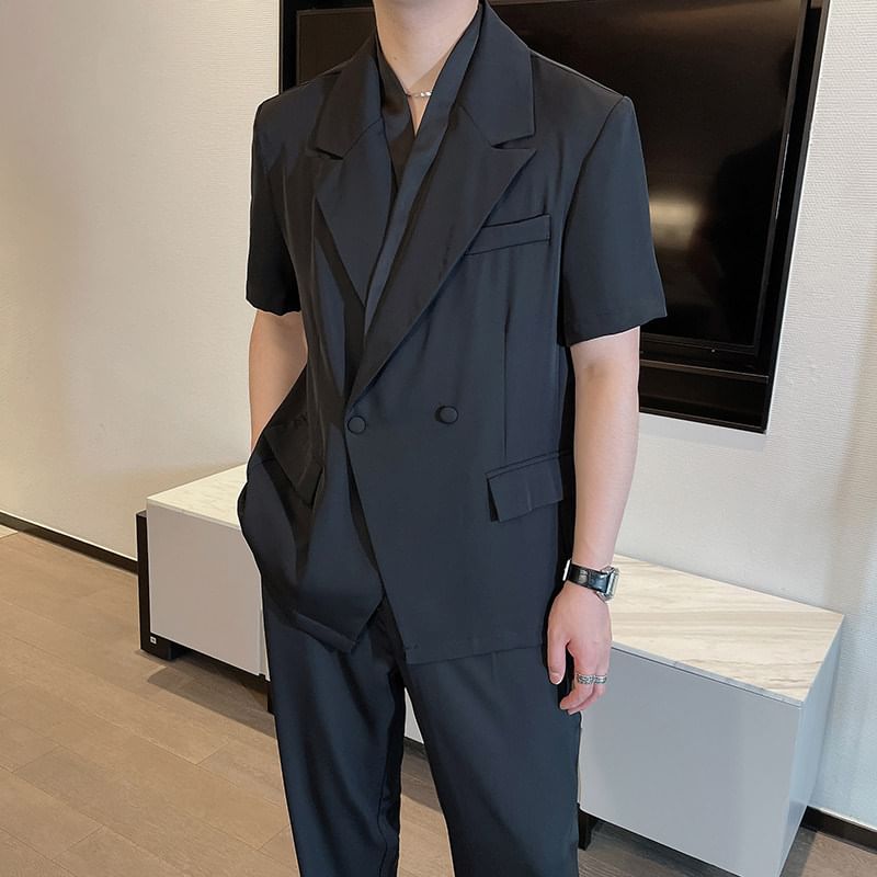 Patow - Set: Dubbelrijs effen blazer met korte mouwen + pantalon