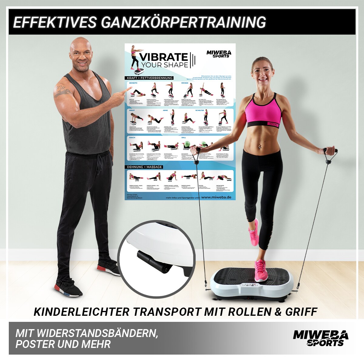 Miweba Sports Vibrationsplatte MV100, 2D-Vibration, Bluetooth, 99 Stufen, 10 Programme, 250 Watt (Schwarz)