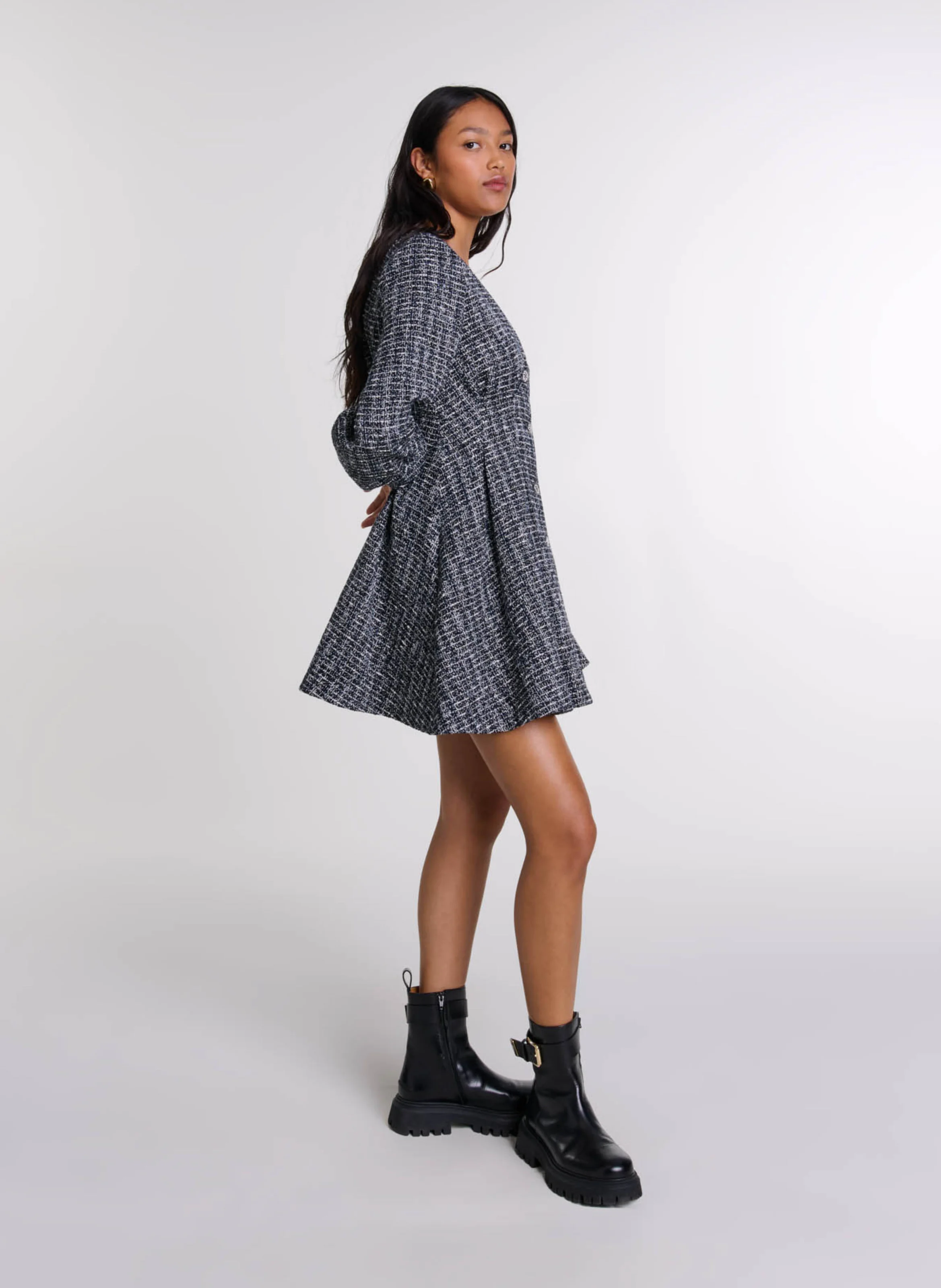 Robe chemise courte effet tweed | Noir
