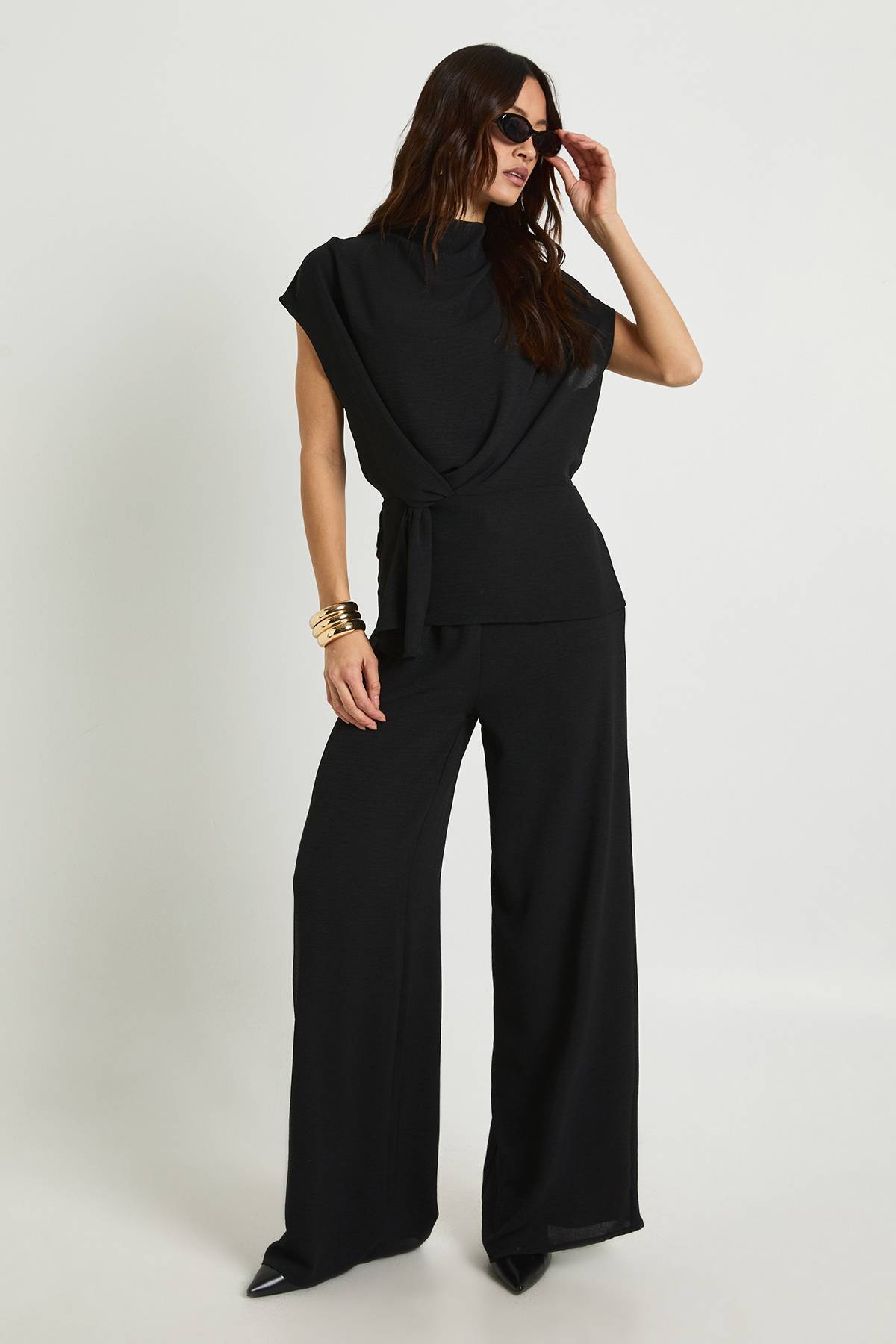 boohoo Blouse à drapé tissé longue & pantalon coordonné